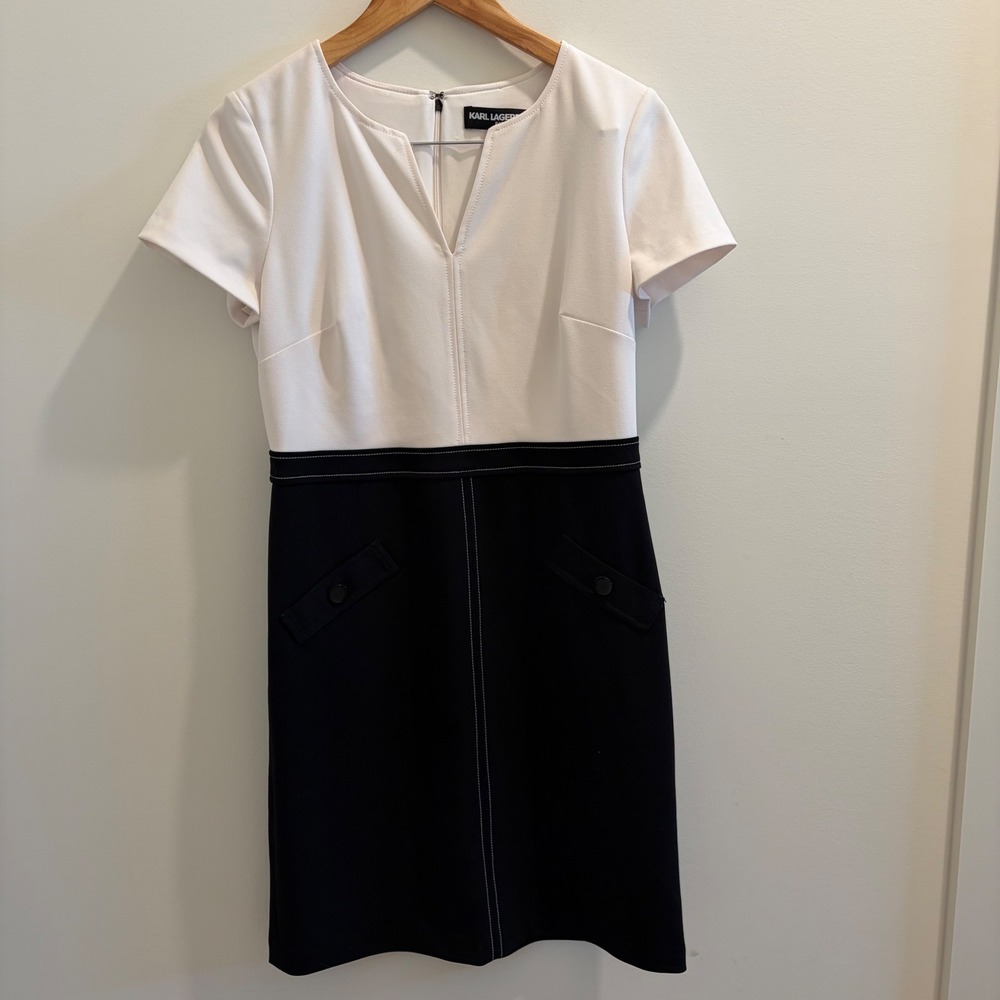 Karl Lagerfeld Paris Black White Colorblock Sheath Dress Size 6 Notched Neck